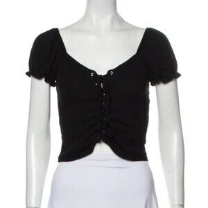 Reformation Puff Sleeves Tie Front Ribbed Top in Black Size XS